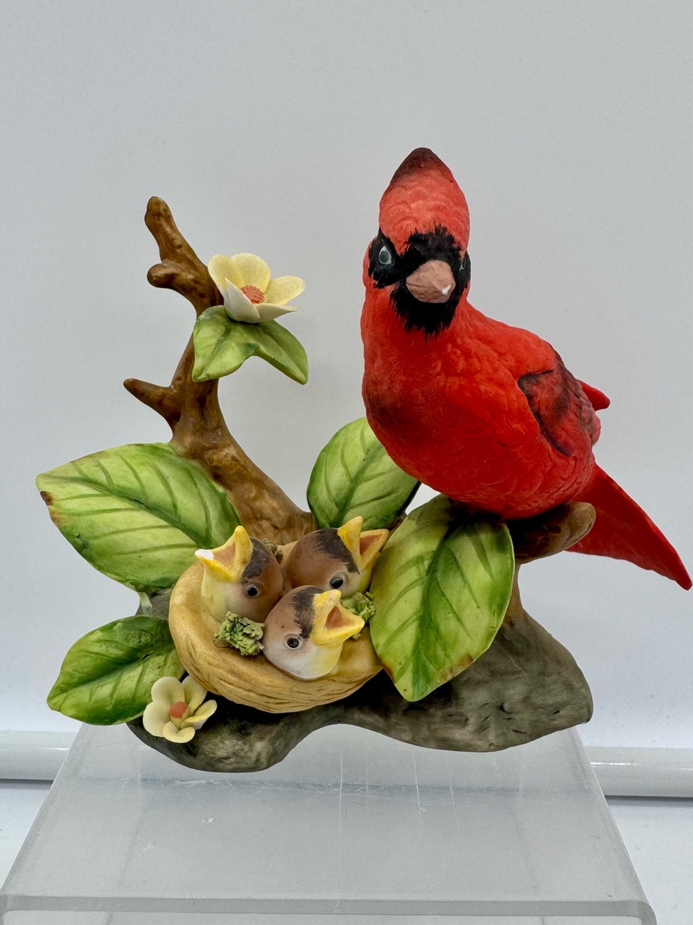 Vintage Lefton 02708 Cardinal Bird Nest Baby Birds Figurine